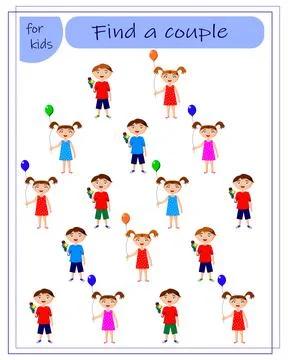 Find the same pairs of children. Educational game for kids. Cartoon vector .. Stock Illustration