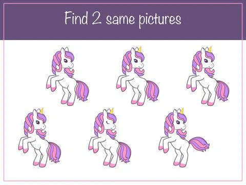 Find same picture - children educational game with cute unicorn Stock Illustration