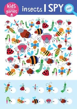  Find the same pictures and count it. Kids learning games collection. Cute insec Stock Illustration