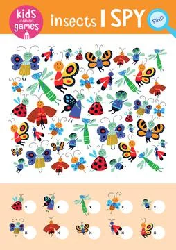 Find the same pictures and count it. Kids learning games collection. Cute insect Stock Illustration
