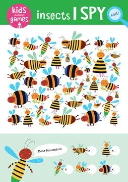 Find the same pictures and count it. Kids learning games collection. Cute bees. Stock Illustration