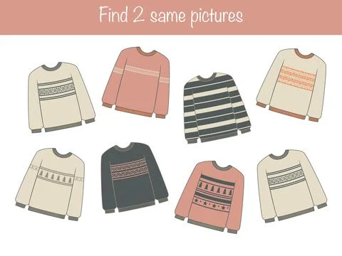 Find the same pictures - children educational game with cute sweaters Stock Illustration