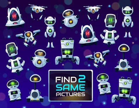 Find same robots or drones, kids game and puzzle Stock Illustration