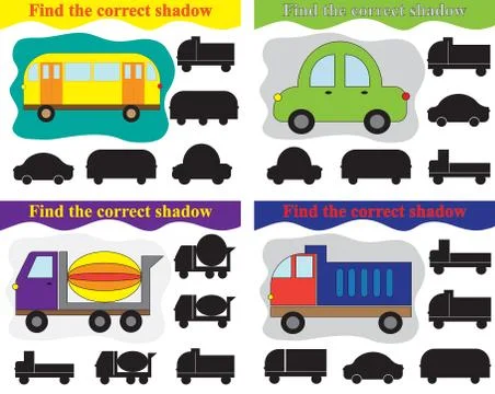 Find shadow of different transport, set of educational games for kids. Vector Illustrazione stock