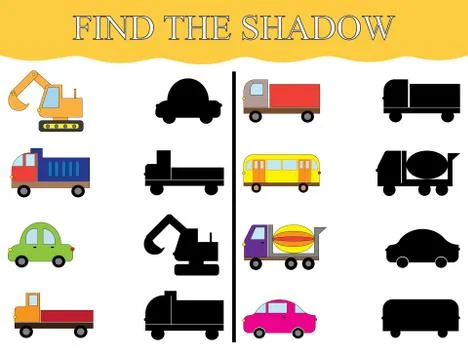 Find the shadows of transport, set. Visual educational game. Stock Illustration
