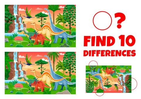 Find ten differences between dinosaurs, kids game Stockillustratie