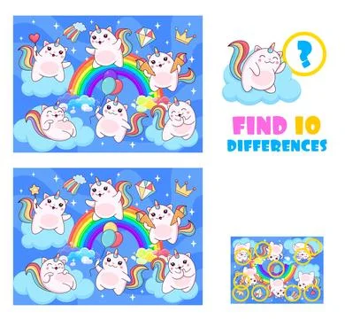 Find ten differences between magic caticorn cat Stockillustratie