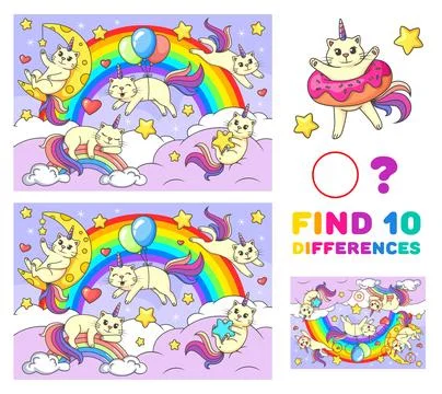 Find ten differences game. Cartoon funny caticorns Ilustración de archivo
