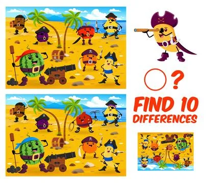 Find ten differences game, cartoon fruit pirates Illustrazione stock