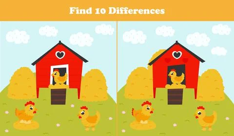 Find ten differences game with farm animals - hen and chicken, colorful print イラスト素材