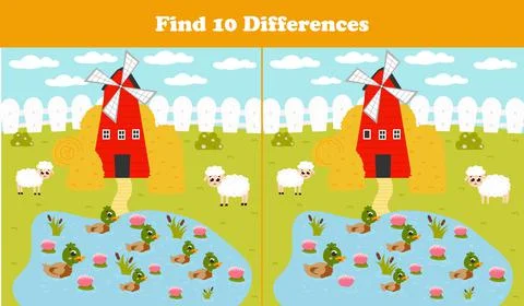 Find ten differences game with farm windmill, sheeps and pond with ducks and  イラスト素材