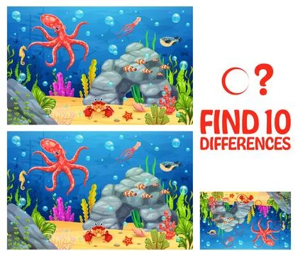 Find ten differences game, underwater sea animals イラスト素材