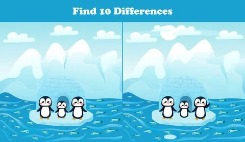 Find ten differences printable worksheet with arctic penguins and north pole Illustrazione stock