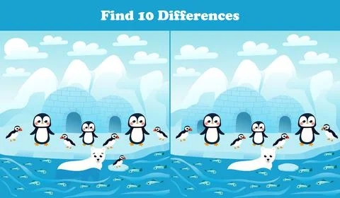 Find ten differences printable worksheet with arctic penguinsand puffins and イラスト素材