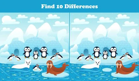 Find ten differences printable worksheet with arctic penguins, seals and puffins Illustrazione stock