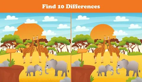 Find ten differences printable worksheet with african safari elephants and Stock Illustration