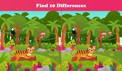 Find ten differences printable worksheet with tropical jungle paradise scene Stock Illustration