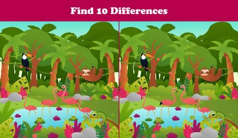 Find ten differences printable worksheet with tropical jungle paradise scene Stockillustratie