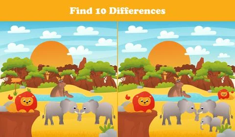 Find ten differences printable worksheet with african safari elephants and hippo Illustrazione stock