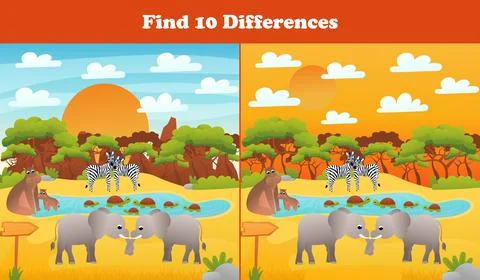 Find ten differences printable worksheet with safari desert scene, cute animals イラスト素材