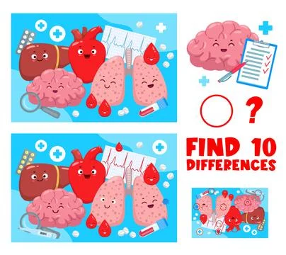 Find ten differences quiz with organs character Stock Illustration