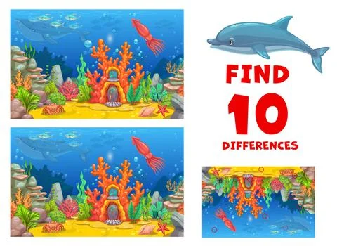 Find ten differences underwater with coral house Stockillustratie