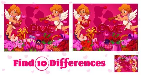 Find ten differences on Valentines day banner Ilustração Stock
