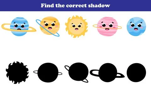 Find thr correct shadow educational children game with galaxy themed objects, Stock Illustration