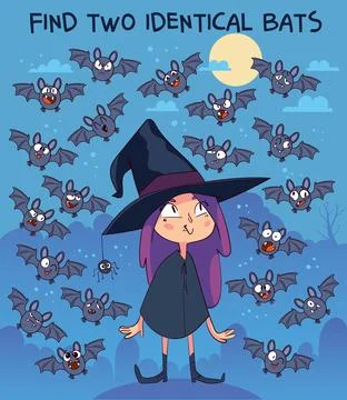 Find two identical bats among many. Halloween puzzle game Ilustração Stock