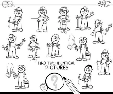 Find two identical builder pictures color book Stock Illustration