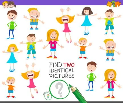 Find two identical characters task for children Stock Illustration