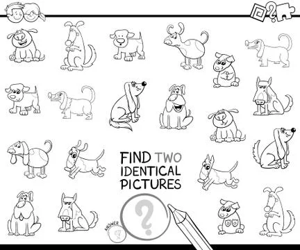 Find two identical dog characters color book Illustrazione stock
