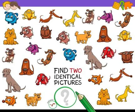 Find two identical dogs educational activity Illustrazione stock