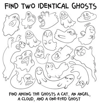 Find two identical ghosts. Coloring book Stock Illustration