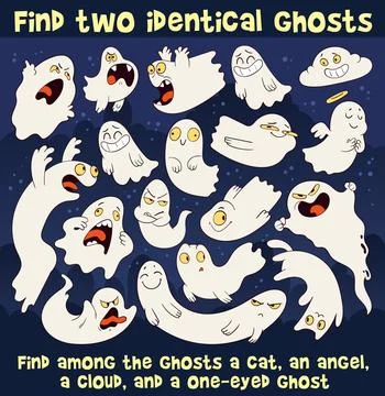 Find two identical ghosts. Cute Halloween ghost puzzle for kids Stock Illustration