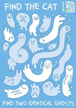 Find two identical ghosts. Find the cat. Extra item. Educational game for kid 库存插图