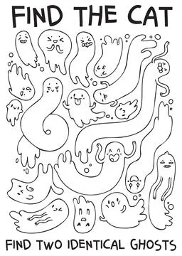 Find two identical ghosts. Find the cat. Extra item. Antistress coloring book Illustrazione stock