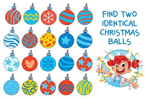 Find two identical holiday balls among various patterns. Funny Christmas puzz Stockillustratie