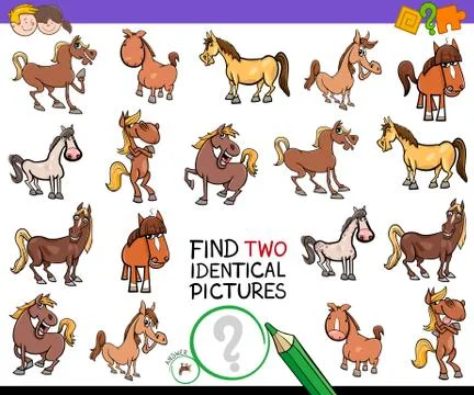 Find two identical horses educational activity Illustrazione stock