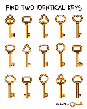 Find two identical keys. Educational puzzle for kids with different golden ke Stockillustratie