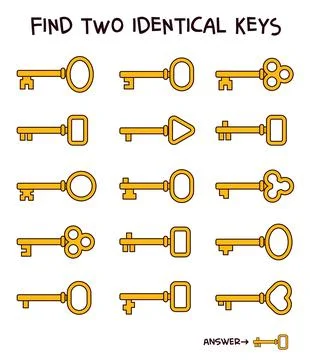 Find two identical keys puzzle for kids. Cartoon vector illustration Stock Illustration