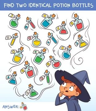 Find two identical potion bottles game for kids. Fun Halloween educational .. Stockillustratie