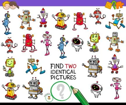 Find two identical robots educational game 스톡 일러스트