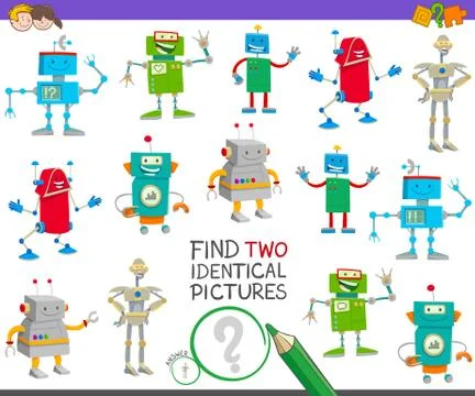 Find two identical robots task for children Stock Illustration