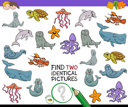 Find two identical sea animals game for kids Cartoon Illustration of Findi... Stock Photos
