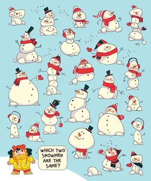 Find two identical snowmen puzzle for kids. Educational game Stockillustratie