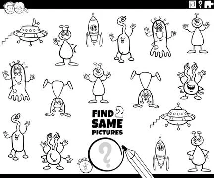 Find two same alien characters color book page Illustrazione stock