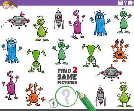 Find two same alien characters task for kids Cartoon Illustration of Findi... Stock Photos