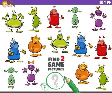 Find two same aliens or weirdos characters educational game Stock Illustration