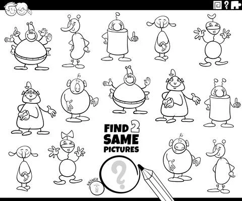 Find two same aliens or weirdos coloring book page Stock Illustration